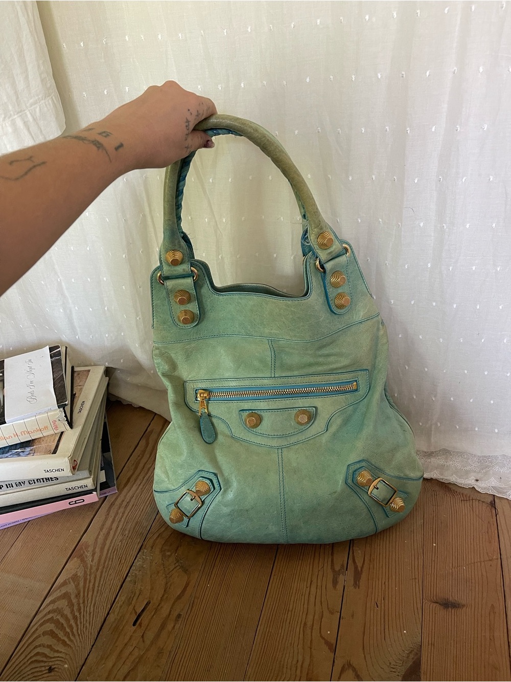 Balenciaga Mint Green/Aqua Blue Leather City Bag with Gold Hardware